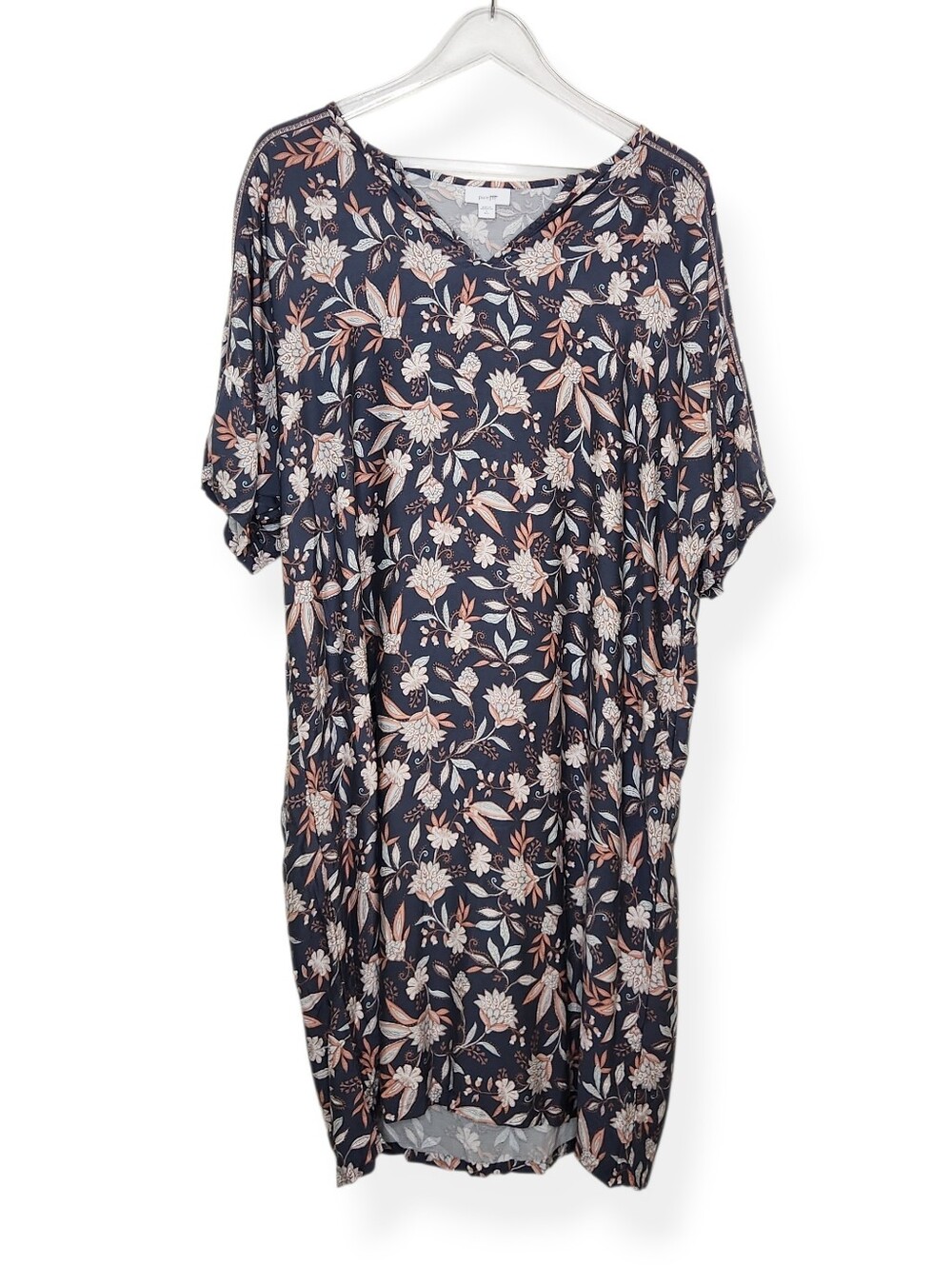 Pure Jill Short Sleeve Floral Shift Dress in Navy and Taupe Size Large Tall